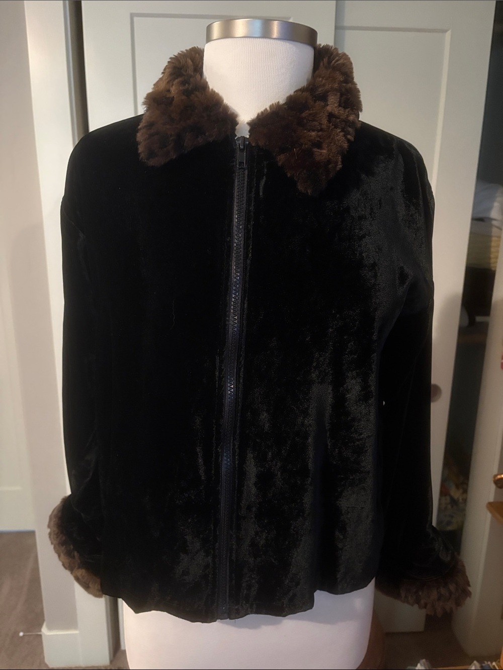Tasha Polizzi Black Velvet crop Jacket with Brown Faux Fur Trim